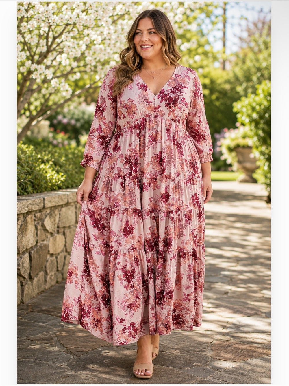 NWT GILLI x Stitch Fix Blush Floral Print Chiffon Tiered Dress 3X Feminine Maxi